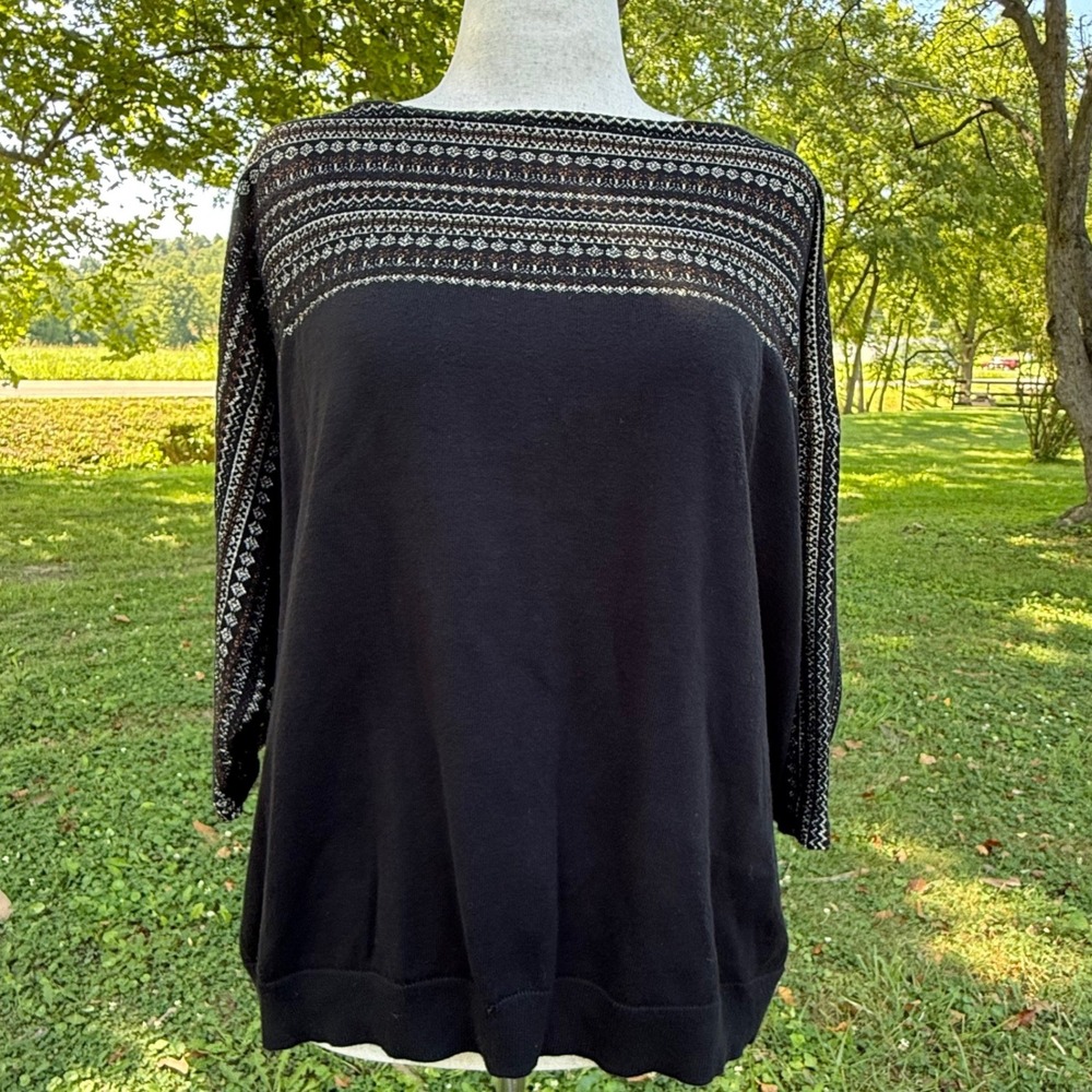 Chaps Classics Womens 2X Black Metallic Fair Isle Knit Boat Neck Sweater Top